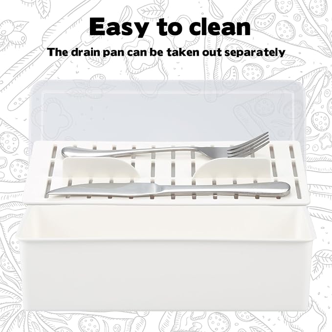 Rainmae 3Pcs Flatware Tray with Lid and Drainer, Large Plastic Silverware Utensil Kitchen Drawer Organizer Clear Cutlery Storage Container with Cover Dinnerware Spoon Knife Holder for Home and Travel