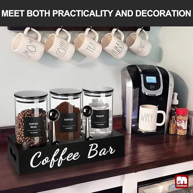 GMISUN Coffee Tea Sugar Container Set, 3 Pcs 50 Fl oz Bean Storage Canister With Airtight Lids, Black Glass Tea Sugar Holder Containers with Scoop/Shelf/Labels, Canisters Jars for Coffee Bar/Station