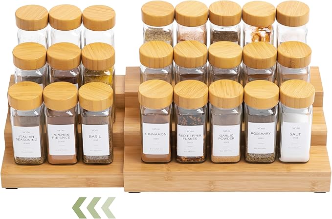 Expandable Spice Rack Organizer for Cabinet, 3-Tier Shelf for Spice Organization (11” to 22”), Fits 36 Spice Jars, Seasoning and Pantry Storage, Non-Slip Feet, 100% Bamboo Wood
