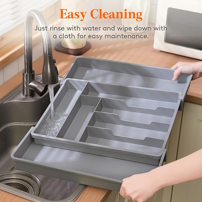 Lifewit Expandable Silverware Drawer Organizer, 22.4 x 16.7 x 2 inches, Adjustable Utensil Cutlery Tray for kitchen, Plastic Flatware Spoon Fork Knives Holder Storage Divider,1 Pack, Gray