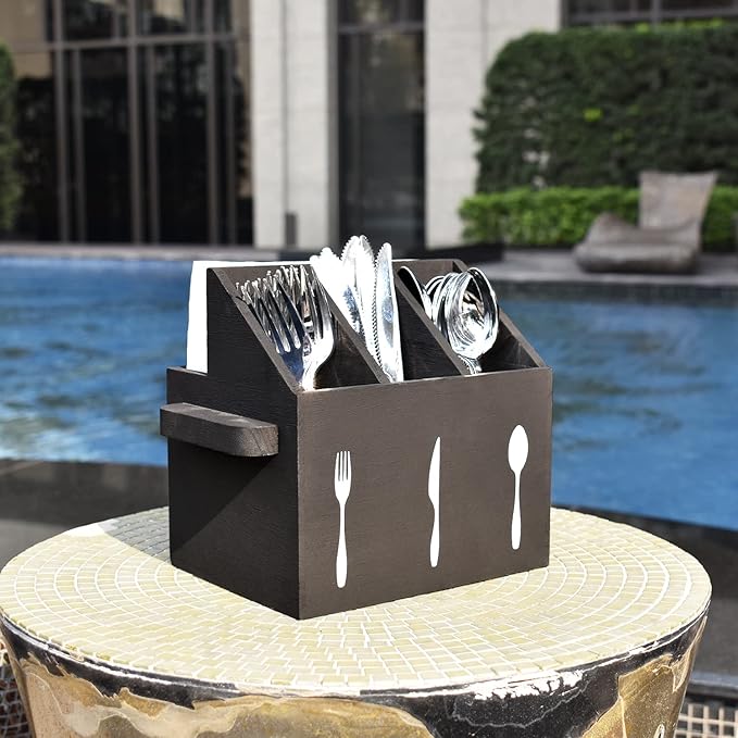 Ikee Design Wooden Utensil Caddy with Handles, Silverware Caddy, Silverware Holder for Countertop,Party,Camping and Kitchen, Organizer, Picnic Cutlery Holders, Black Color