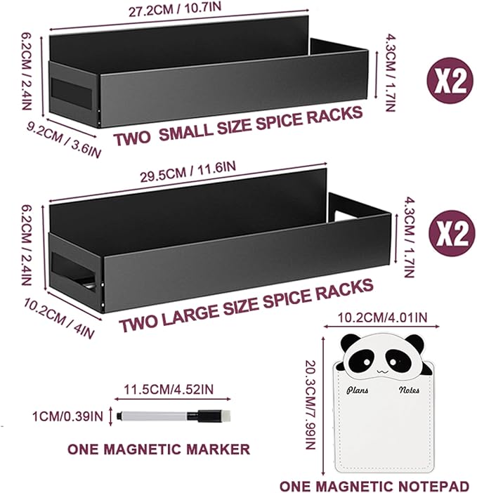 HOPE & HARDY 4 Pack Magnetic Spice Rack for Refrigerator, Strong Metal Magnetic Fridge Shelf, Kitchen Seasoning Organizers Storage, Side Fridge Storage Rack for Kitchen with Magnetic Note Pad