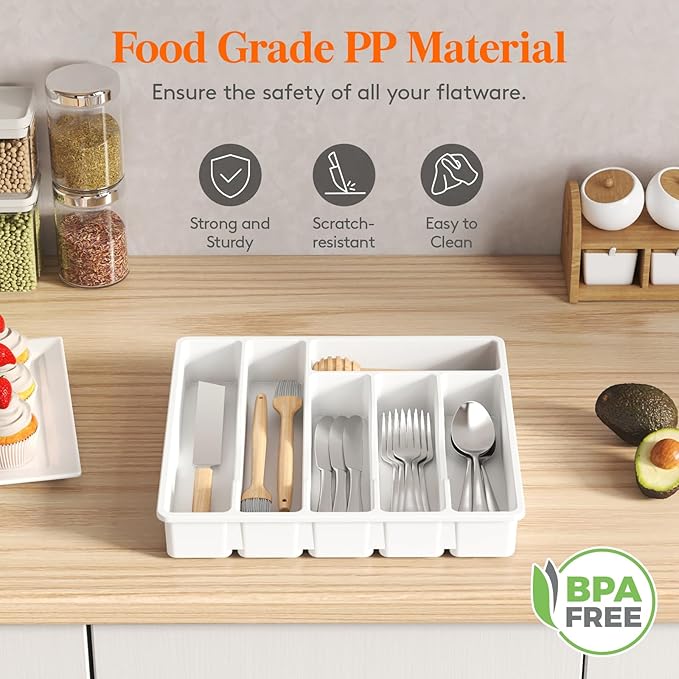 Lifewit Silverware Drawer Organizer Tray, Plastic Cutlery Storage for Kitchen Drawer, Flatware and Utensil Holder Divider for Spoons Forks Knives Tableware, 6 Compartment, White