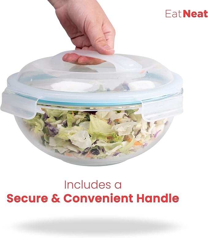 EatNeat Set of 5 Glass Food Storage Bowls with Airtight Snap Lock Lids - Salad, Mixing, Cooking, Meal Prepping & Leftover Keeping, Stackable & Nesting