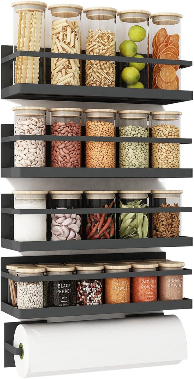 Magnetic Spice Rack for Refrigerator Magnetic Fridge Shelf for Kitchen Spice Organizer Magnetic Shelf for Fridge Space Saving Black 4 Pack with Magnetic Paper Towel Holder