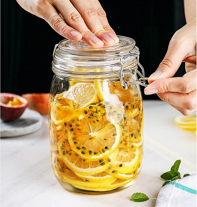 4 Pack 32 oz Glass Jars With Airtight Lids And Leak Proof Rubber Gasket, Wide Mouth Mason Jars with Hinged Lids for Food Storage, Cereal, Pasta, Sugar, Beans, Pickle Jars, Kitchen Canisters
