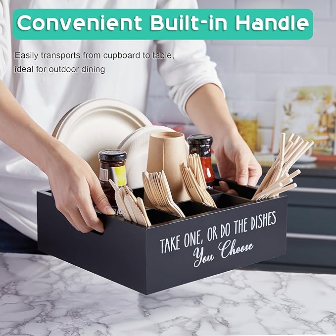 ALELION Paper Plate Dispenser for Countertop - Wooden Utensil Holder Organizer for Party - Silverware Caddy for Plate, Cup, Fork, Spoon - Cutlery Holder with Handles for Kitchen Camping Buffet