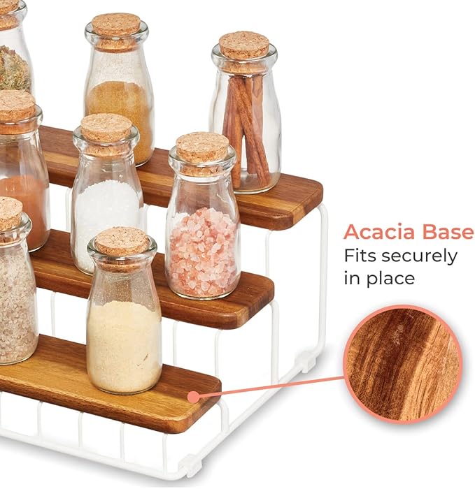 iDesign The Ría Safford Collection Acacia Wood and Wire Three Organizer, 12" x 8.5" x 5", 3 Tier Spice Rack