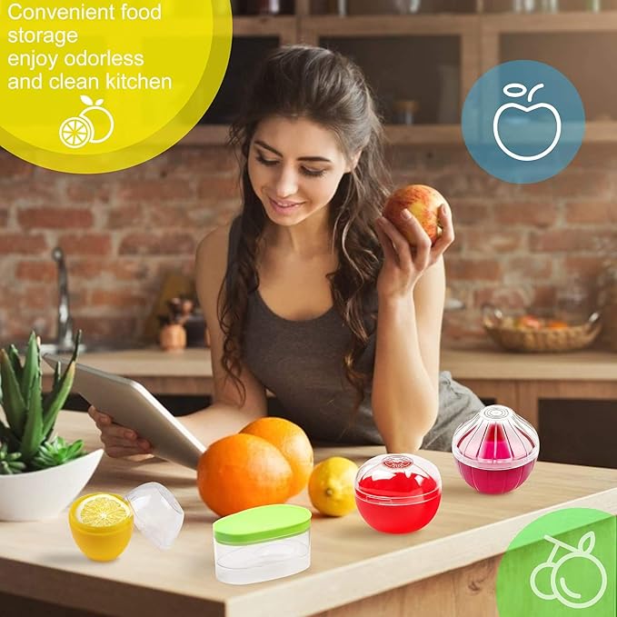 Fruit and Vegetable Storage Containers for Fridge 4 Piece Set, Onion, Lemon, Tomato and Avocado Saver/Holder/Keeper