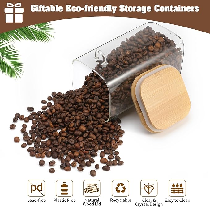 Glass Square Storage Jar with Bamboo Lids Spoons Glass Coffee Canister 40 Oz (1200 mL) Borosilicate Glass Food Container for Coffee Beans Nut Pasta Sugar Candy Spice Rice Loose Tea (1200ml/40 OZ-2