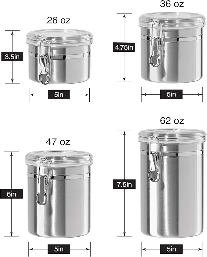 Oggi Stainless Steel Canister Set 4pc w/ Airtight Acrylic Lid & Clamp
