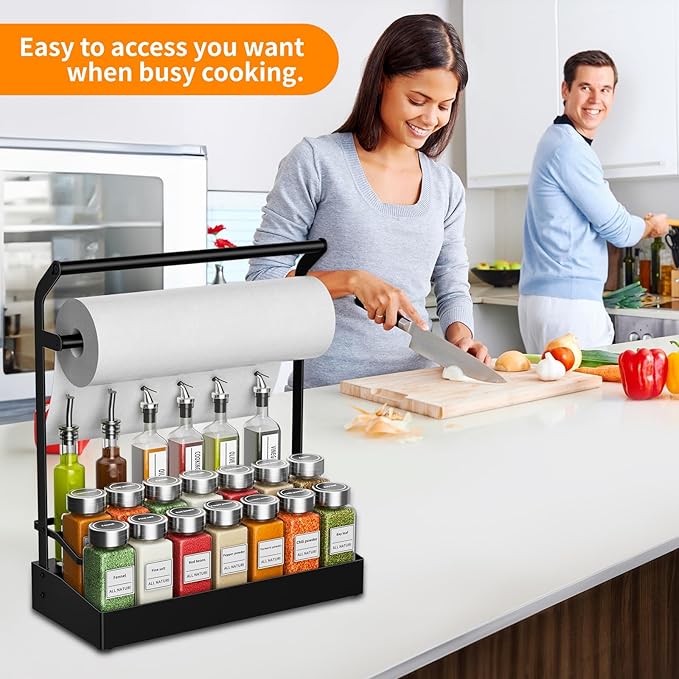 RCHYFEED 2 in 1 Countertop Paper Towel Holder Shelf with Spice Rack,3 Tier Spice Organization for Cabinet,No Drilling Paper Towel Holder with Spice Rack for Kitchen,RV,Seasoning Organizer(Black)
