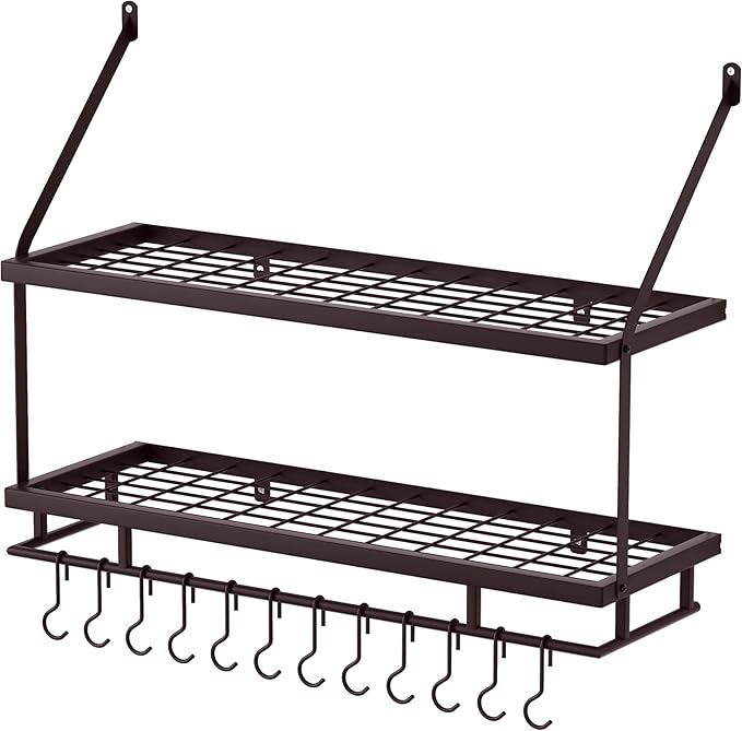 KES 30-Inch Oiled Bronze Pot Rack Wall Mounted, 2-Tier Hanging Pot and Pan Organizer with 12 Sturdy Hooks, Kitchen Wall Hanger Shelves Farmhouse Style, KUR215S75B-OB