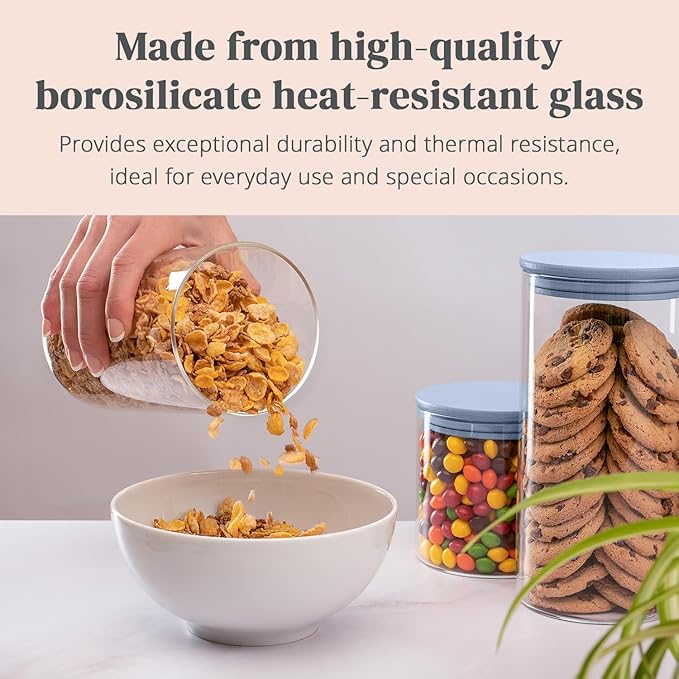 5-Piece Glass Storage Containers With Lids | Food Grade Safe Airtight Snack Containers, Pantry Organizers and Kitchen Storage with Colorful Bamboo Lids for Pasta, Oats, Coffee & Sugar