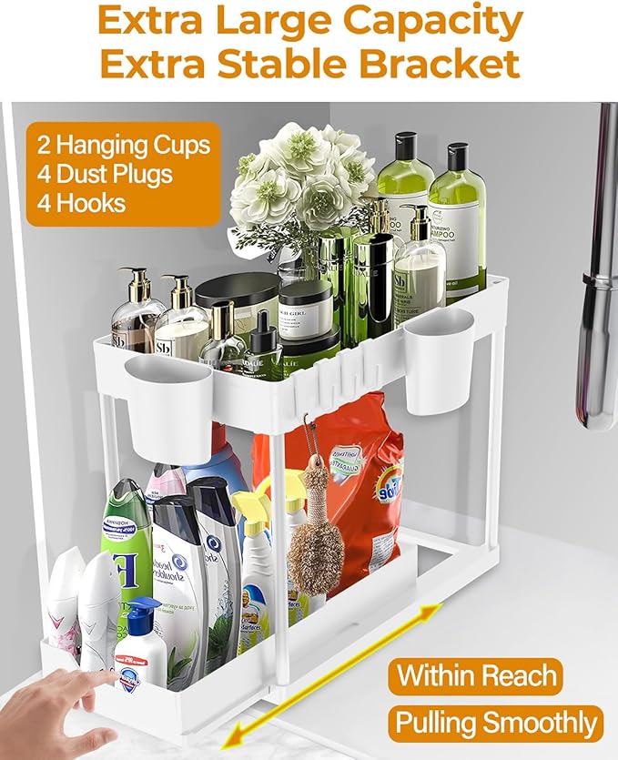 Under Sink Organizers and Storage Bathroom 2Pack, 2 Tier Kicthen Cabinet Basket Organizer, with Hooks, Hanging Cup, Dividers, Handles, Multi-purpose Under Sink Shelf Organizer, White