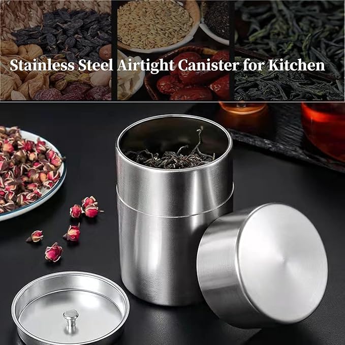 Stainless Steel Canister, 550ml Airtight Canister Storage Container for Tea Bag, Loose Tea, Pantry Storage (L) 5.8x3.3in