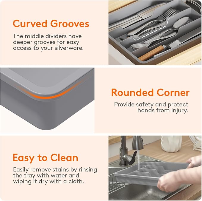 Lifewit Silverware Tray, Deep Wide Cutlery Drawer Organizer Storage for Kitchen, Plastic Flatware Utensil Holder Divider for Spoons Forks Knives Tableware, 5 Compartment, Gray