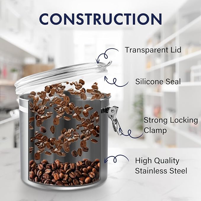 ENLOY 165oz Stainless Steel Airtight Canister for Kitchen, Large Flour Coffee Bean Tea Cereal Sugar Cookie Metal Food Storage Canisters with Clear Lid and Sturdy Locking Clamp