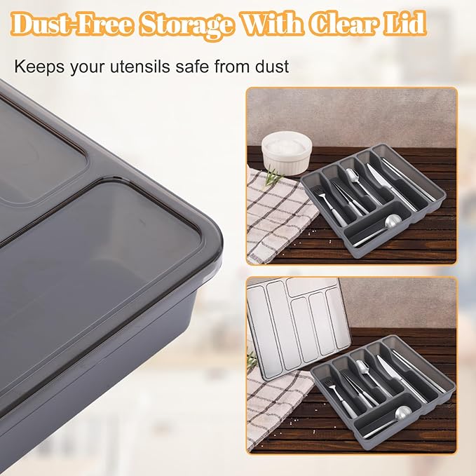 Gray Silverware Organizer with Lid,Plastic Utensil Drawer Organizer,Covered Storage Box Flatware Cutlery Drawer Organizer,Utensil Organizer for Kitchen Drawers,Silverware Tray for Drawer