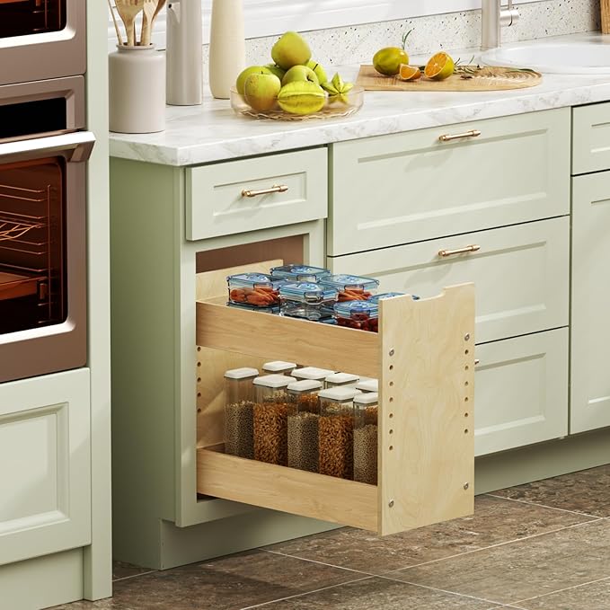 LOVMOR Adjustable Pull Out Cabinet Organizer 13½” W x 18½”H 2-Tier Narrow Cabinet Drawers Slide Out with Soft Close Wood Spice Rack for Narrow Cabinet