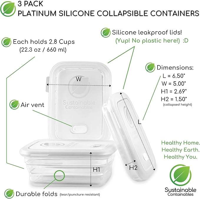 Premium Silicone Collapsible Food Storage Containers with Silicone Leakproof Lids, BPA Free, LFGB Food-Grade Certified, Compact, Reusable Lunch Snack Box, Microwave Safe, 2.8 Cups 3 Pk