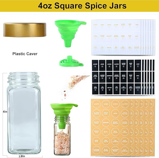 Glass Spice Jars with Label, 36 Pcs Spice Jars with Shaker Lids-4 oz Gold Spice Seasoning Jars Bottles Containers Set for Spice Rack (36)