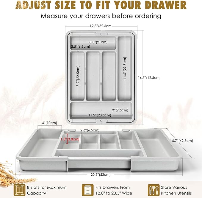 FANCILLA Silverware Organizer for Kitchen Drawers, Wheat Straw Large Expandable Utensil Drawer Organizer, BPA Free Adjustable Cutlery Holder, Dishwasher Safe Flatware Tray, 6-8 Slots (Gray)