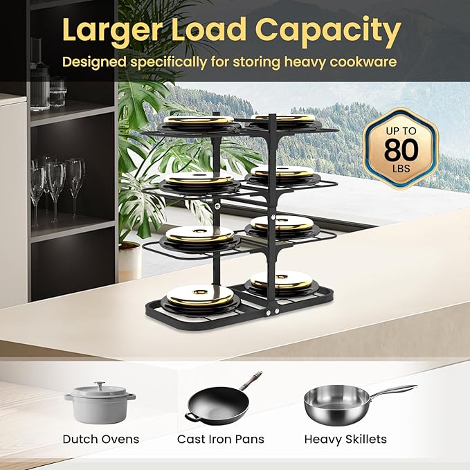Podxco Heavy Duty Pots and Pans Organizer Under Cabinet: 8-Tier Adjustable Pot and Pan Organizer, Space Saving Pan Organizers Inside Cabinet, 21" Kitchen Storage Pot Rack Organizer for Cast Iron Pan
