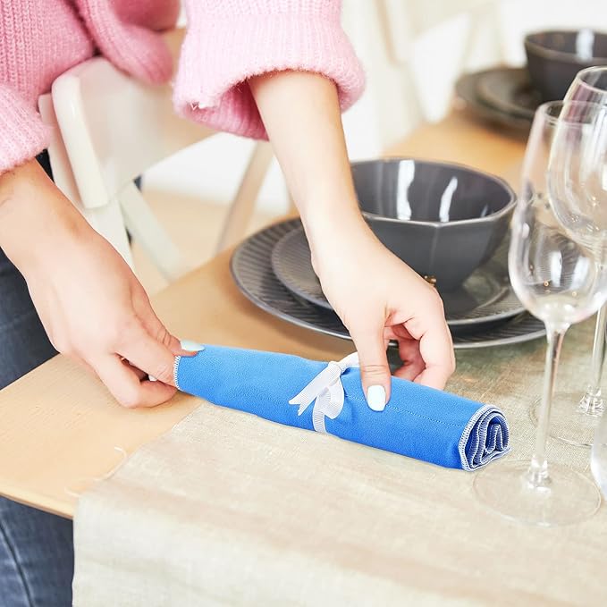 6 Pieces Silver Storage Bags Anti Tarnish Silver Protector Bags Blue Holder for Flatware Storage Organizer Place Setting Roll with White Ribbon for Kitchen Utensils