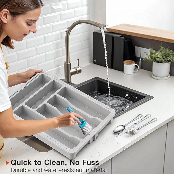 AMADA HOMEFURNISHING Expandable Silverware Drawer Organizer, Adjustable Utensil Tray For Kitchen Storage, BPA-Free Cutlery Holder for Spoons, Forks and Knives, Easy to Clean and Wash, Gray