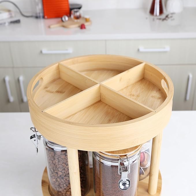 KKC HOME ACCENTS Coffee Tea Bar Accessories Organizer for Countertop,Coffee Bar Lazy Susan Organizer with 4 Airtight Glass Canisters for Countertop,2 Tier,Bamboo