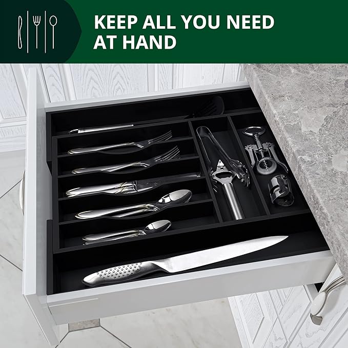 ROYAL CRAFT WOOD Luxury Bamboo Kitchen Drawer Organizer - Silverware Organizer - Utensil Holder and Cutlery Tray with Grooved Drawer Dividers for Flatware and Kitchen Utensils (9 Slot, Black)