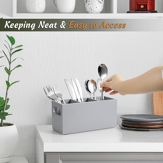 DRASTAR Wooden Silverware Caddy, Flatware Cutlery Holder, Kitchen Utensil Holder for Countertop, Silverware Organizer Containers for Party, Gray