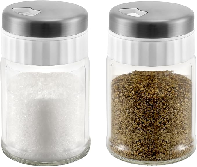 VUCCHINI Salt and Pepper Shaker Set with Adjustable Pour Holes 3.4 oz Seasoning Spice Shaker with Lid Stainless Steel Salt Dispenser Farmhouse Kitchen