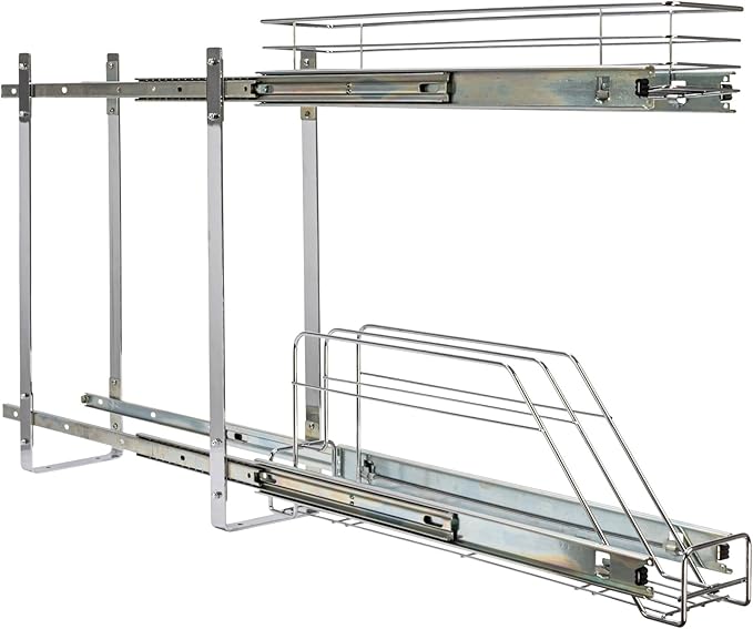 Household Essentials Glidez Multipurpose Chrome-Plated Steel Pull-Out/Slide-Out Storage Organizer for Cookware and Bakeware - 2-Tier Design - Fits Standard Size Cabinet or Shelf, Chrome