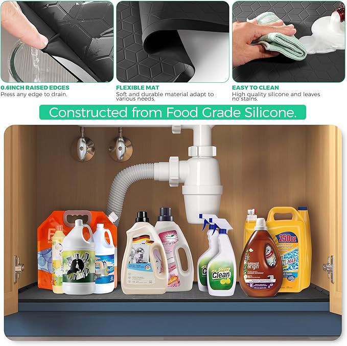 TRZZ Silicone Waterproof Under Sink Mat 34" x 22", Drip Tray and Cabinet Liner for Kitchen and Bathroom, Prevents Water Damage and Organizes Cabinets (Black)