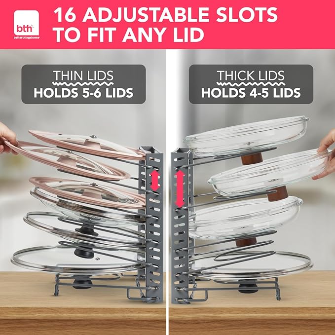 BTH Adjustable Pot Lid Organizer for Cabinet - Kitchen Storage Rack with 6 Adjustable Shelves, Pot Lid Holder, Pan and Pot Rack Organizer, Perfect for Pantry & Inside Cabinet Organizer