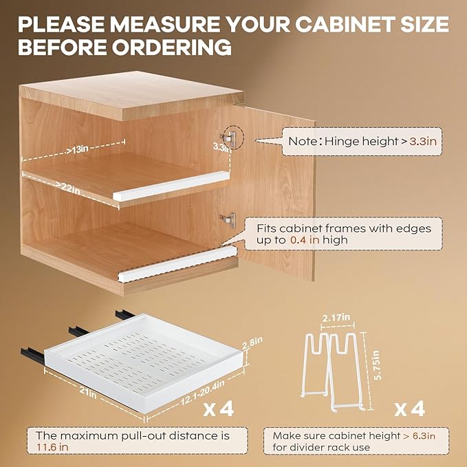 4 Pack Pull out Cabinet Organizer 21"Deep with Raising Pad for Framed Cabinets, Expandable Slide out Drawers for Kitchen Cabinets with 4pcs Divider Racks, Roll out Shelves 12.1"-20.4" W White