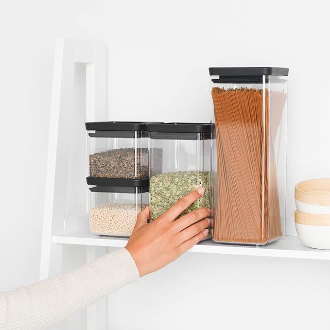 Brabantia Tasty+ 6pc Stackable Food Canisters Set (Dark Gray) 2 x 0.18, 0.4 & 0.66 Gal BPA-Free Space-Saving Jars with Silicone Seal Lids
