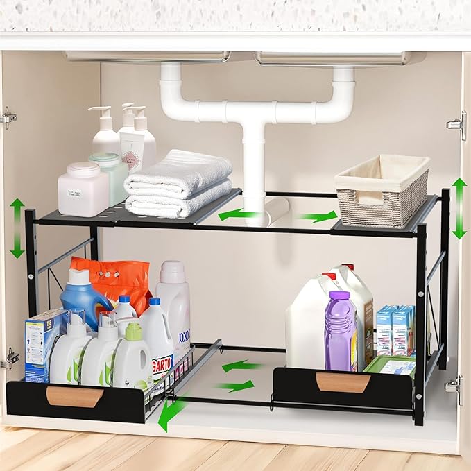 Expandable Kitchen Under Sink Organizers and Storage - Rustproof Bathroom Organizers and Storage - 2 Tier Sliding Basket Drawers, Adjustable Width & Height Bathroom Cabinet Organizer