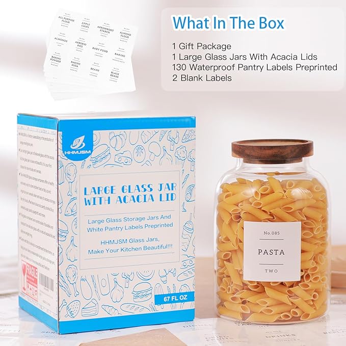 High Borosilicate Glass Jar with Airtight Acacia Lid and 132 Kitchen Panty Labels Preprinted - 67 Fl Oz Thicken Glass Food Storage Container Canister for Coffee, Brown Sugar, Candy, Cookie, Cereal