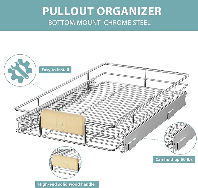 LOVMOR Pull Out Cabinet Organizer with Wooden Handle, 10½" W x 21½"Heavy Duty Cabinet Drawers Shelves Slide Out Organizer for Kitchen, Pantry