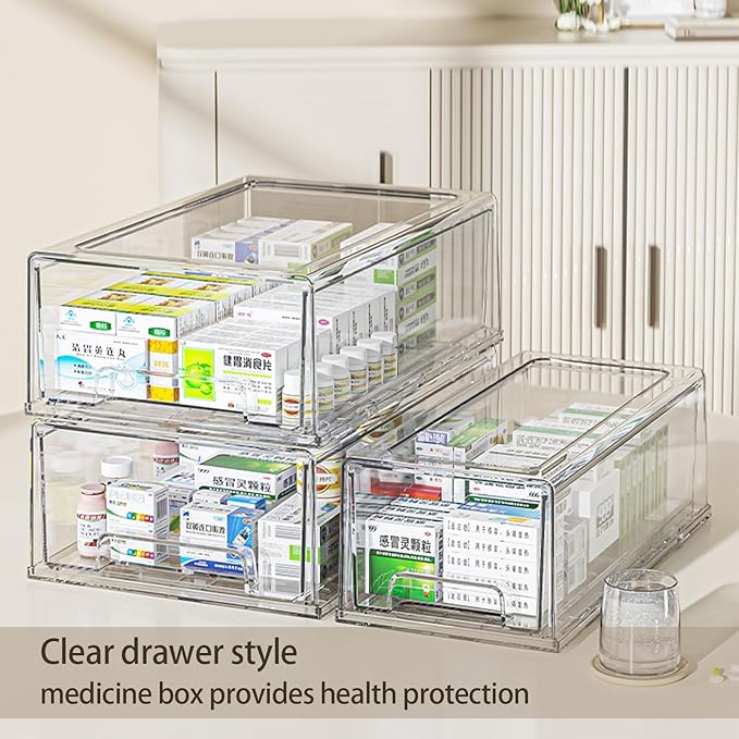 Pull Out Drawer Medicine Box for Safe Medication Storage, Large Refrigerator Storage Bin for Kitchen Food Safe, Tablet Box for Kids Home/Office Organize Ointments,2 Pack - Clear( Medium)