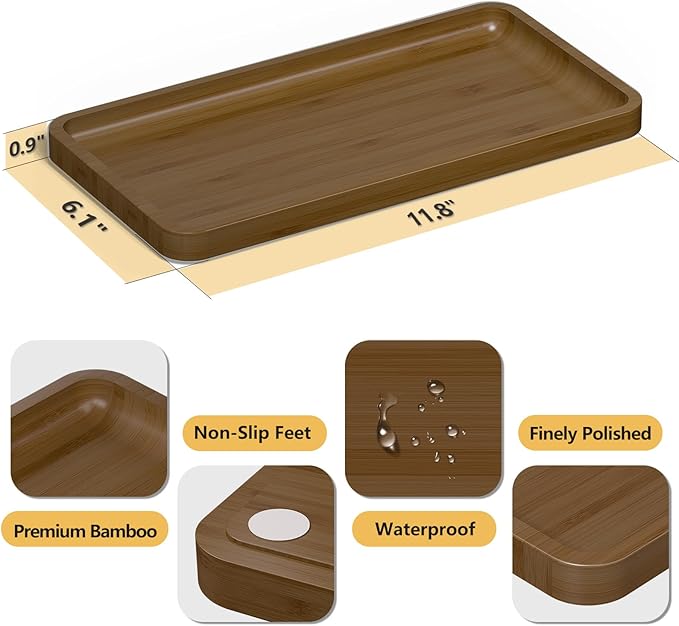 Weenson Bathroom Vanity Tray for Soap Dispenser, Perfume, Makeup, Dresser Jewelry, Decor, Candle, Bamboo Kitchen Tray for Counter Coffee Spice Salt Brown Toilet Tank Tray11.81”L x 6.1”W x 0.79”H