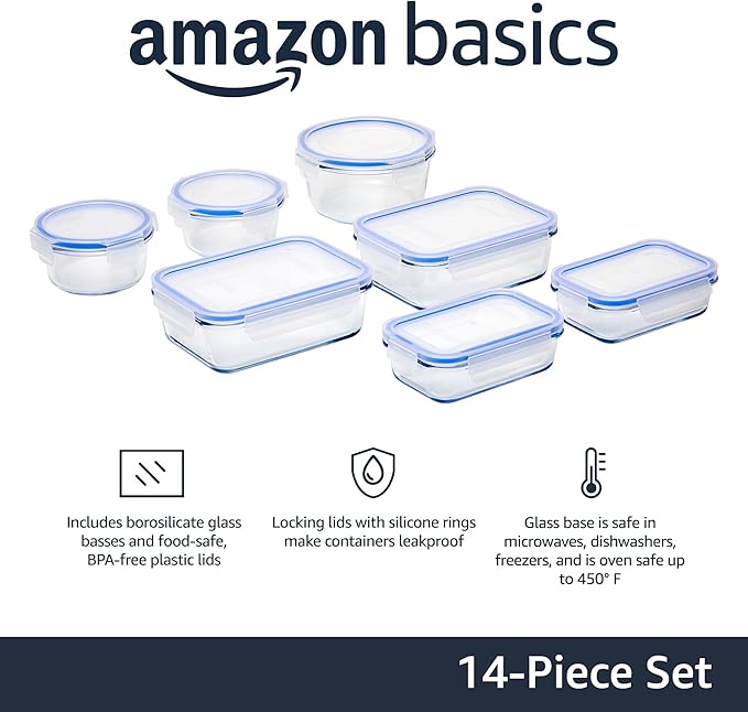 Amazon Basics Leak-Proof Glass Locking Lids Food Storage Containers, 14-Piece Set, 7 Count of Bases and 7 Plastic Lids, Clear, Blue, BPA Free, Dishwasher & Microwave Safe, for Meal Prep & Freezer