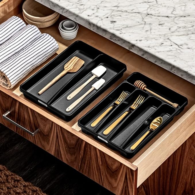 madesmart Premium Antimicrobial Classic Mini Utensil Tray Soft Grip, Non-Slip Kitchen Drawer, Multi-Purpose Home Organization, EPA Certified, 2 Compartments, Carbon