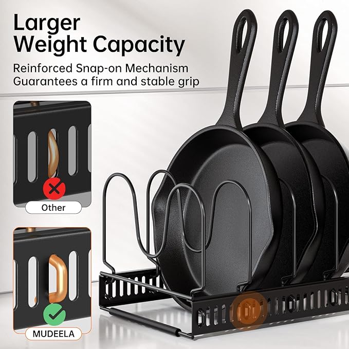 MUDEELA Pots and Pans Organizer : Rack for under Cabinet, Expandable Pot Lid Kitchen Cabinet Organizer Holder with 10 Adjustable Compartment, for Cutting Board, Cast-iron Pan, Heavy Cookware