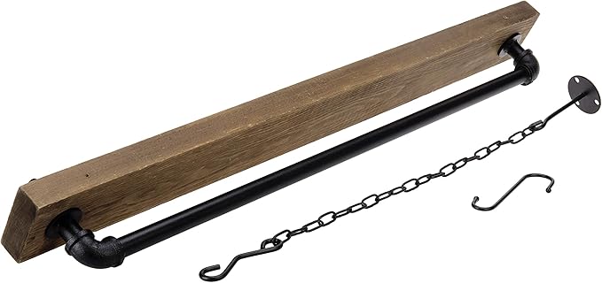 MyGift 30 Inch Ceiling or Wall Mounted Pot Rack with Rustic Brown Solid Wood Shelf and Industrial Matte Black Metal Pipe, Hanging Cookware Utensils Organizer with 8 S-Hooks