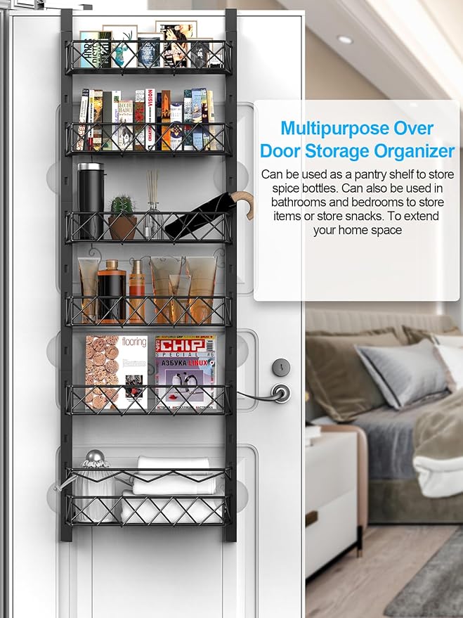 6-Tier Over the Door Pantry Organizer, Pantry Organizers and Storage, 6+1 Metal Hanging Wall Mount Spice Rack for Kitchen Behind the Door Storage Organizer with Adjustable Basket