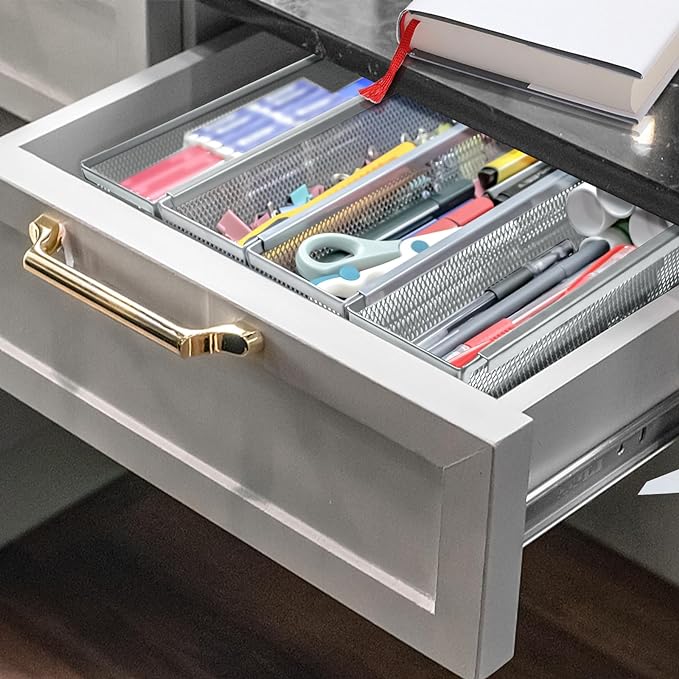 4PCS Drawer Organizer for Kitchen, Utensil Mesh Organizer With Interlocking Arm for Cosmetic, Flatware, Pen (9 * 3 * 2 Inches, Grey)